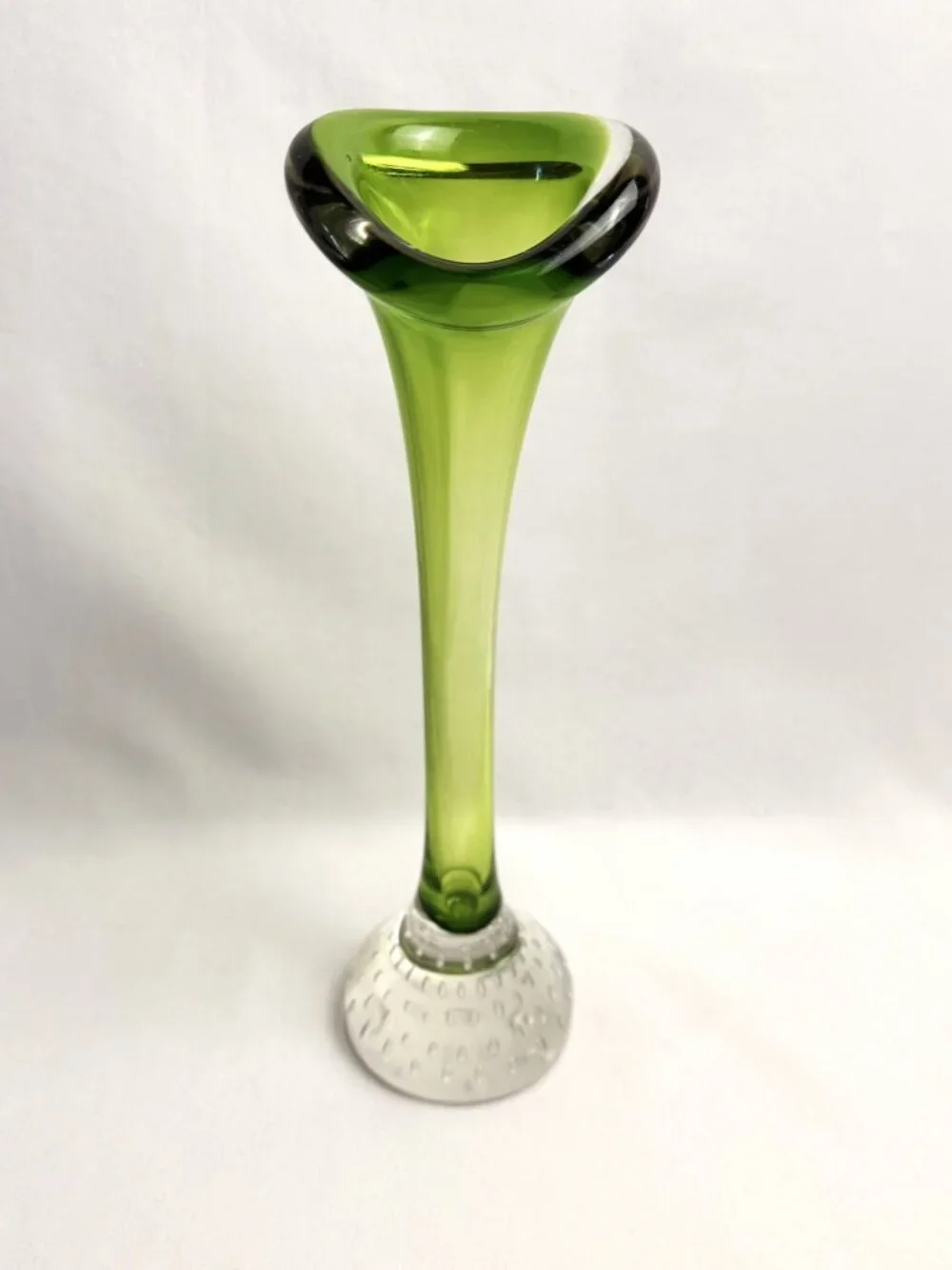 Swedish Hand-Blown Vintage Green Art Glass Bone Vase Aseda Glasbruk 10” H